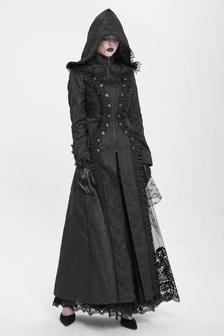 Black Stand Collar Long Sleeves Ruffle Hooded Women's Gothic Long Coat