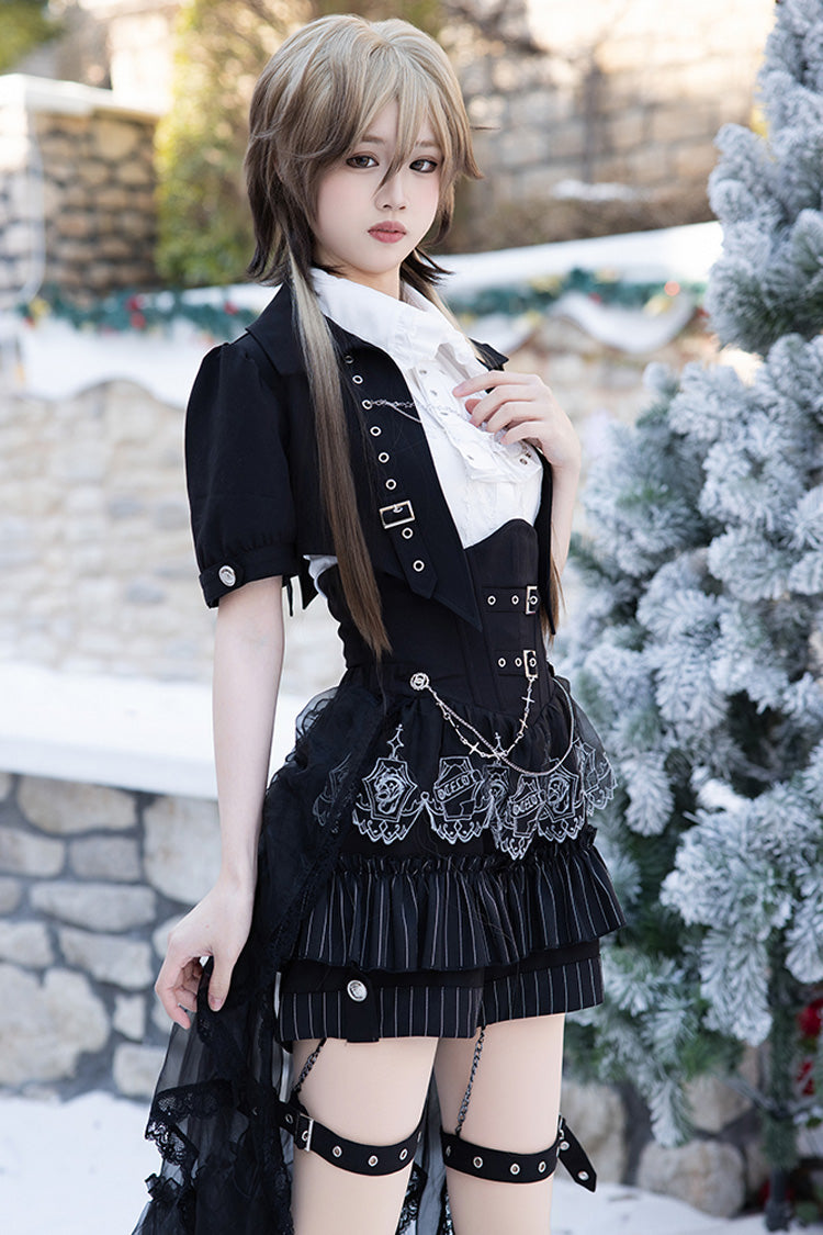 Black Lapel Collar Short Sleeves Lace Prince Ouji Lolita Three-piece Set