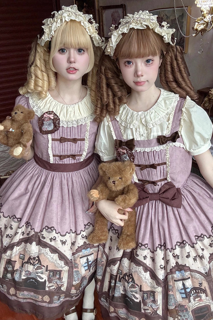 Pink/Purple Short Sleeves Bear Print Bowknot Classic Lolita Dress