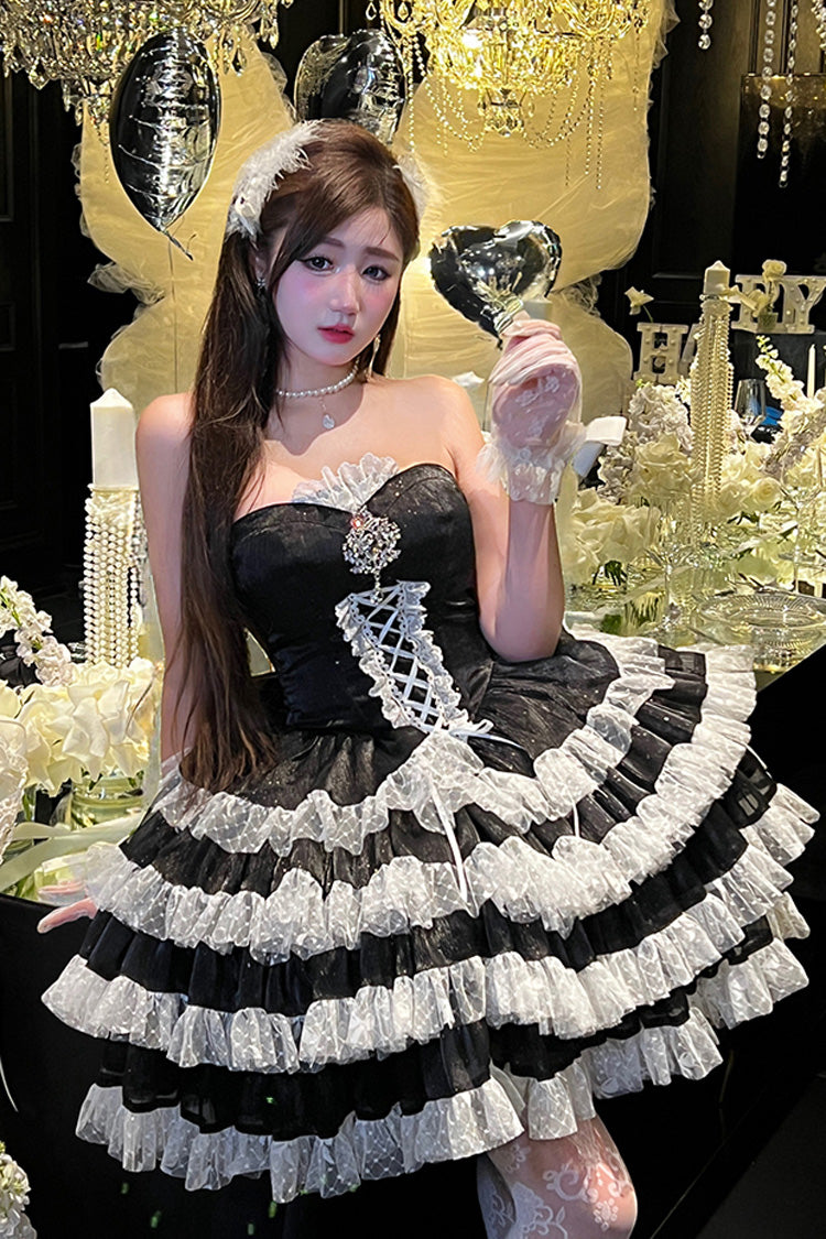 Black [Heartbeat at First Sight] Off Shoulder Sleeveless Multi-Layered Ruffle Bowknot Lace Lace-Up Sweet Princess Gorgeous Lolita Dress