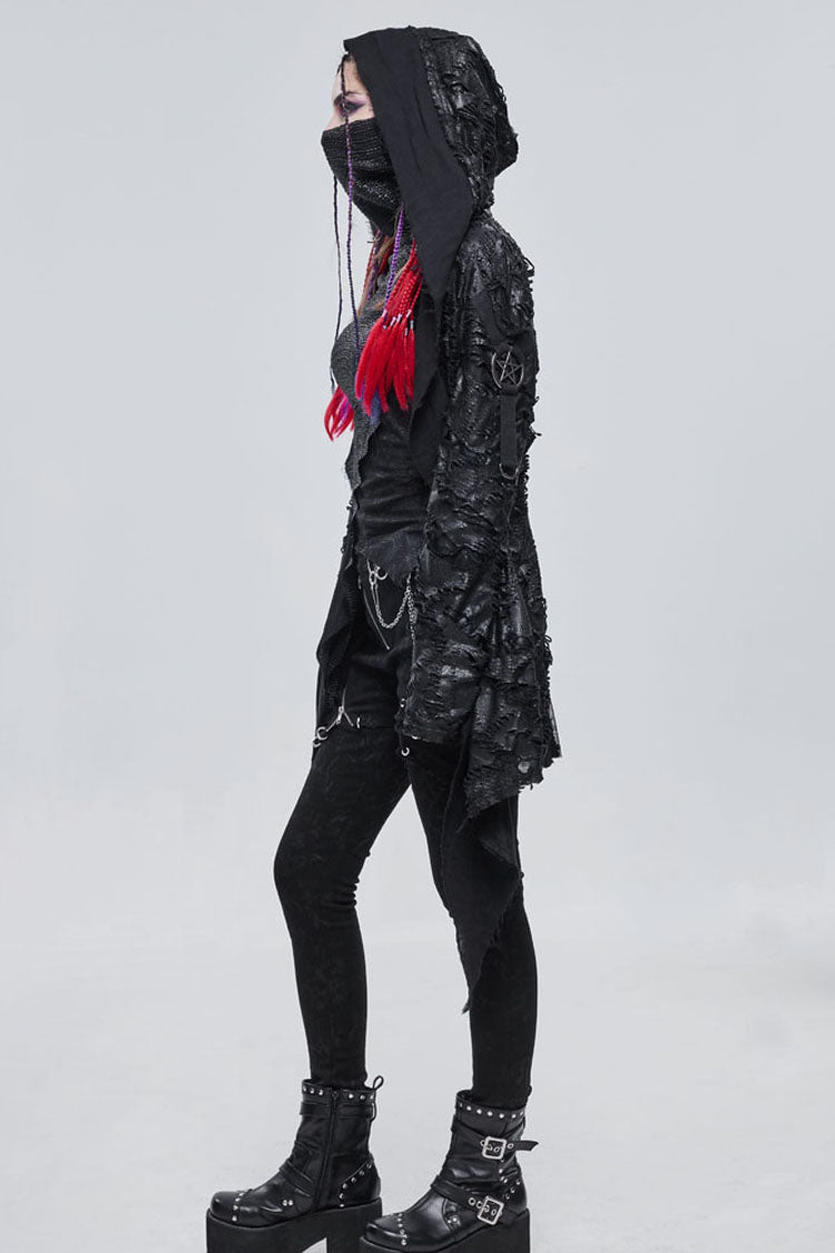 Black Punk Diablo Hole Design Cross Shape Stitching Transparent Mesh Metal Decoration Knitted Women's Coat