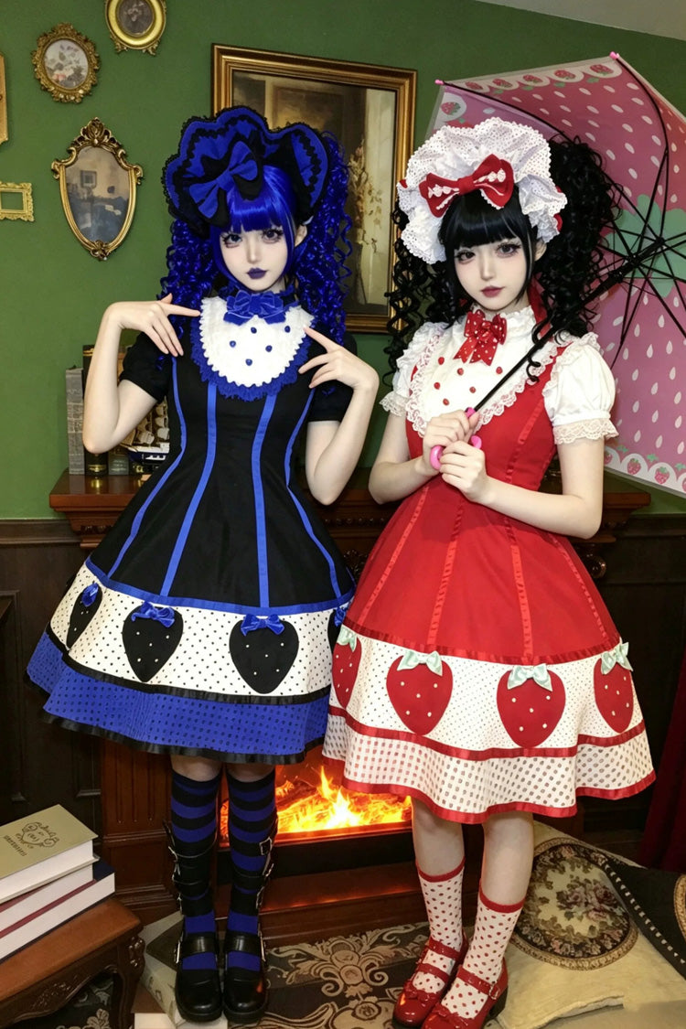 [Miss Peculiar Strawberry] Robe Lolita douce à col montant sans manches avec nœud imprimé 2 couleurs (rouge, bleu/noir)