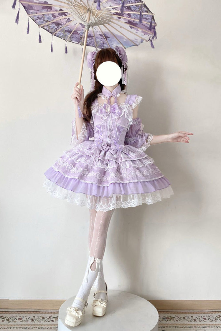 Lila [Regen von Pfirsichen] Ärmelloses mehrschichtiges Schleifen-Spitzen-Süßes-Chinesischer-Stil-Lolita-Jsk-Kleid 