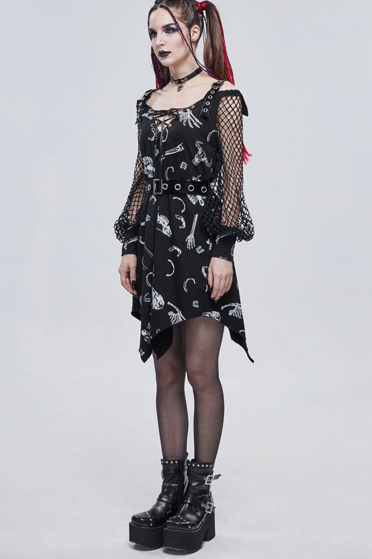 Black Gothic Knit Bone Print Sling Metal Grommet Strap Design Long Sleeve Women's Dress