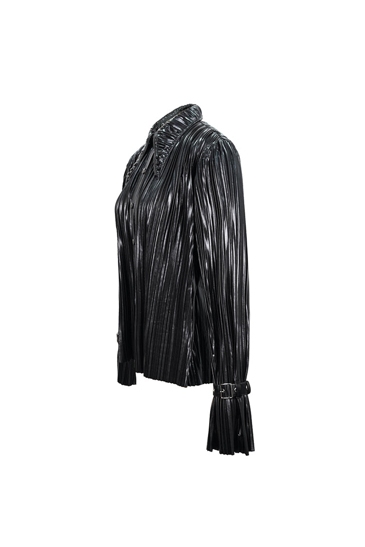 Black Metal Buckles Cuff Bright Pleated Pointed Collar Leather Loops Women's Punk Blouse