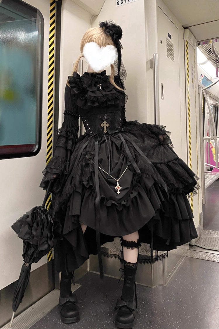 Black [Eternal Taboo] Long Hime Sleeves Ruffled Bow Gothic Lolita Skirt Dress Set
