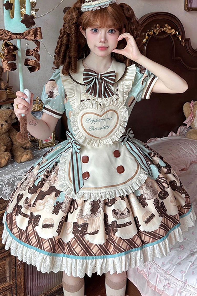 Brown [Peppermint Chocolate] Chocolate Cake Bear Print Ruffle Bowknot Lace-Up Sweet Lolita Dress