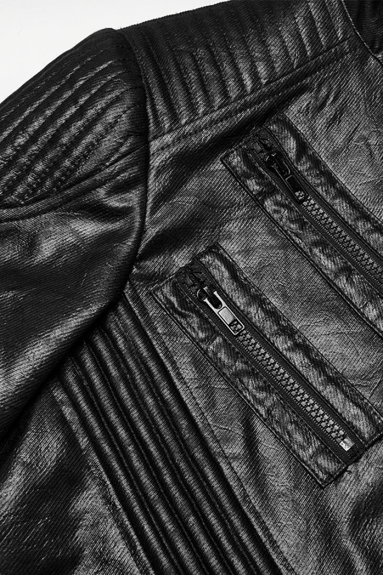 Manteau punk pour homme avec manches longues noires, fronces, coutures en faux cuir, capuche amovible 