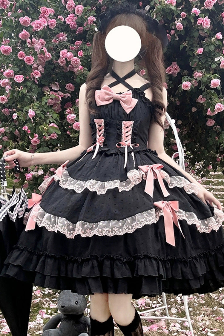 Black [Miss Pearl] Sleeveless Double-Layered Bowknot Lace Lace-Up Sweet Lolita Jsk Dress