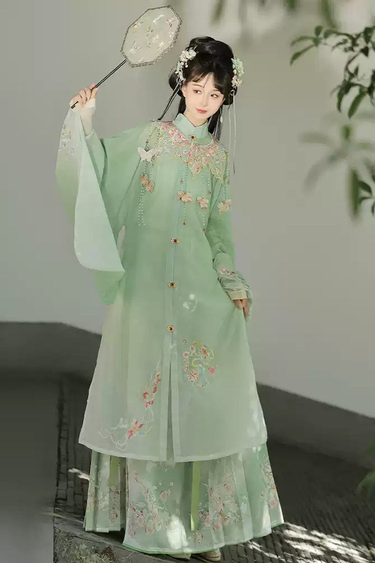Vert [jardins de paysage de printemps] ensemble de robe Hanfu douce brodée taille haute pour femmes