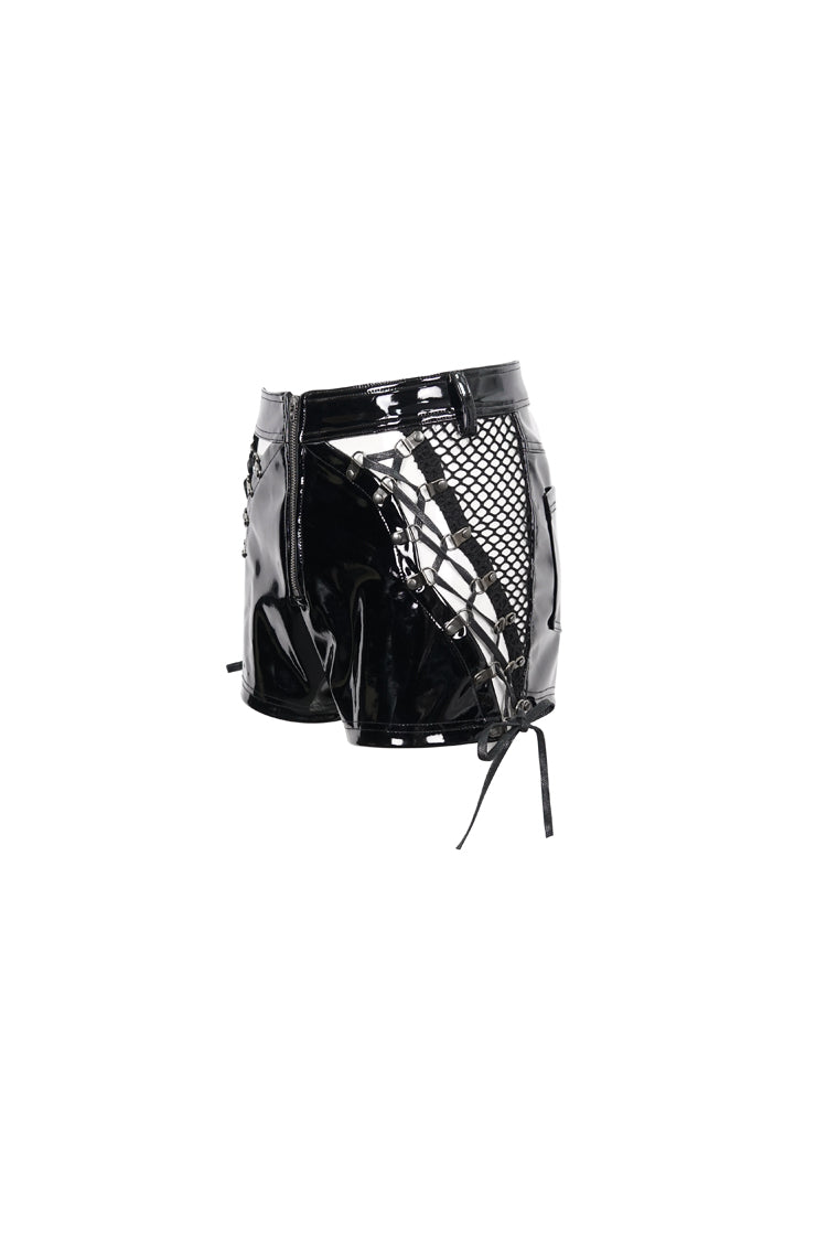 Schwarze Stretch-Glanz-Panel-Diamant-Mesh Sexy Damen Gothic Shorts