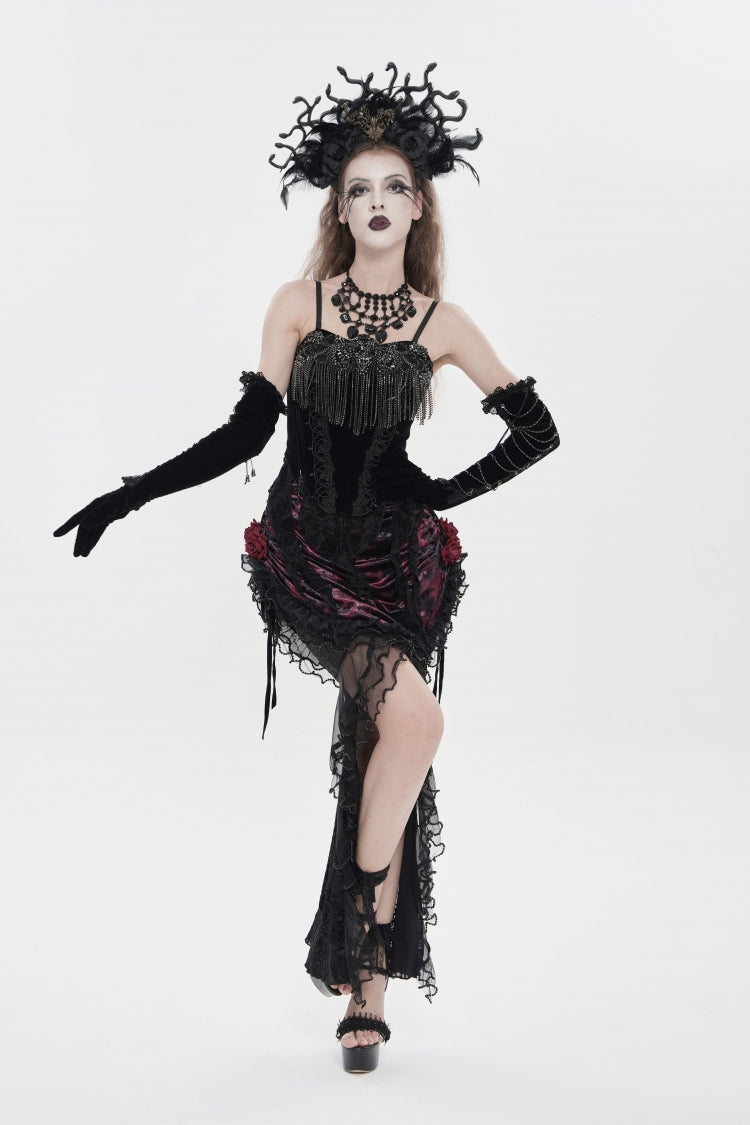 Schwarz/Rot bestickter Rosen-Schnürrock mit unregelmäßigem Gothic-Saum für Damen