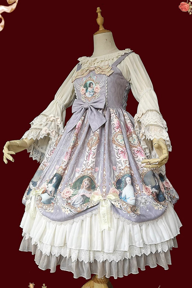 [Portrait of A Little Lady] Print Ruffle Bowknot Lace Classic Vintage Elegant Lolita Jsk Dress 3 Colors