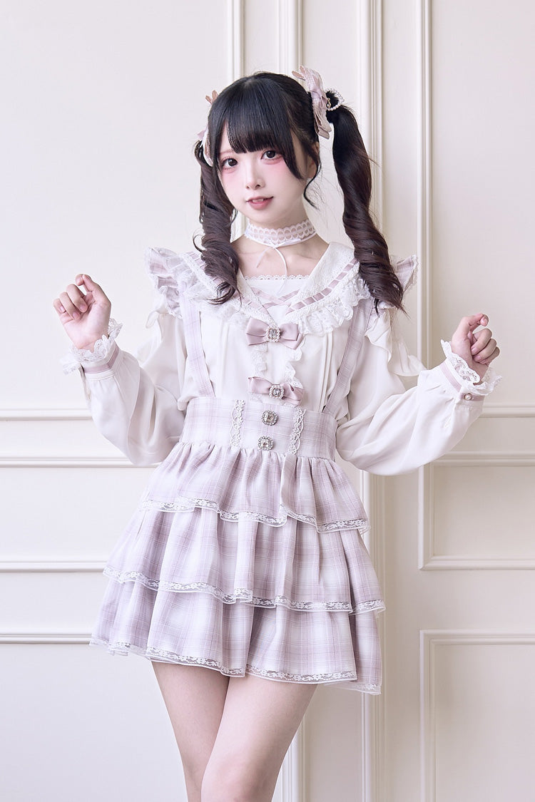 Pink Triple-Layered Plaid Print Ruffle Sweet Jirai Kei Japanese Strap Dress