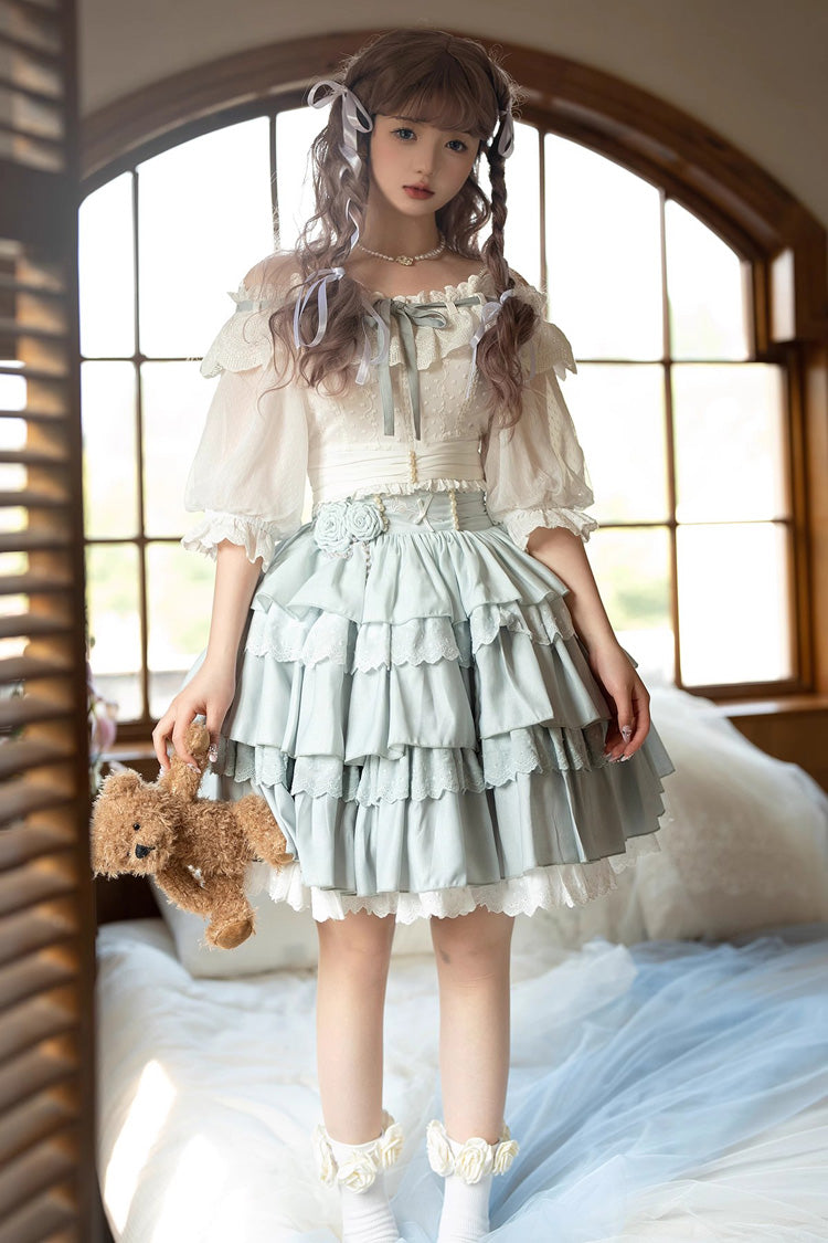 Light Blue Rose Multi-layer Ruffle Princess Sweet Lolita Skirt