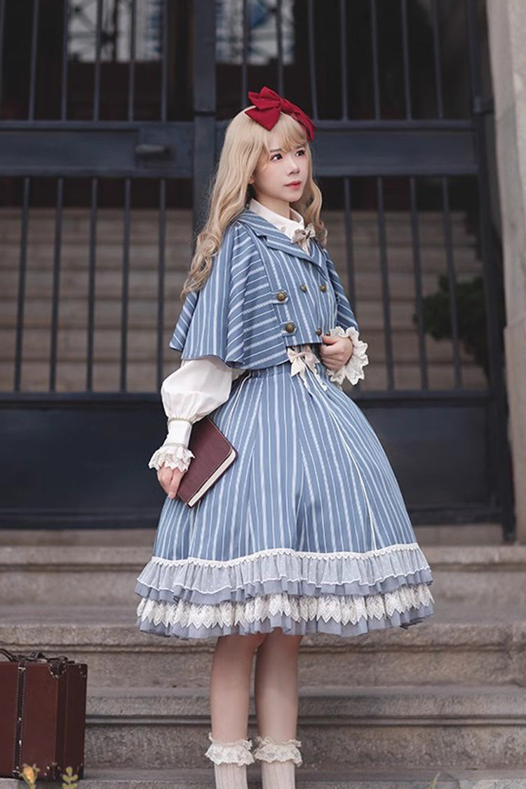 Blue Multi-layer Stripe Print Ruffle Sweet Lolita Jsk Dress