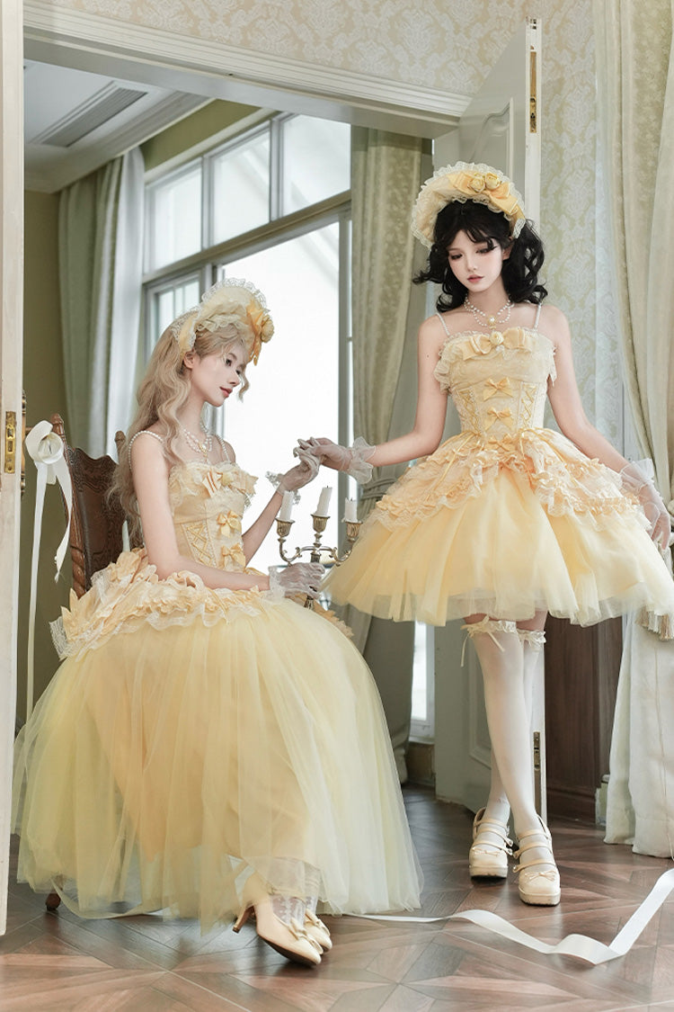 Yellow [Sissi's Pilgrimage] Off Shoulder Ruffle Bowknot Lace Sweet Lolita Skirt (Short Version)