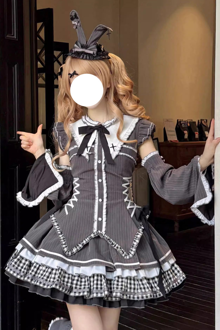 Black [Berlin Covenant] Detachable Sleeves Hime Sleeves Print Ruffle Bowknot Lace-Up Gothic Lolita Dress Set