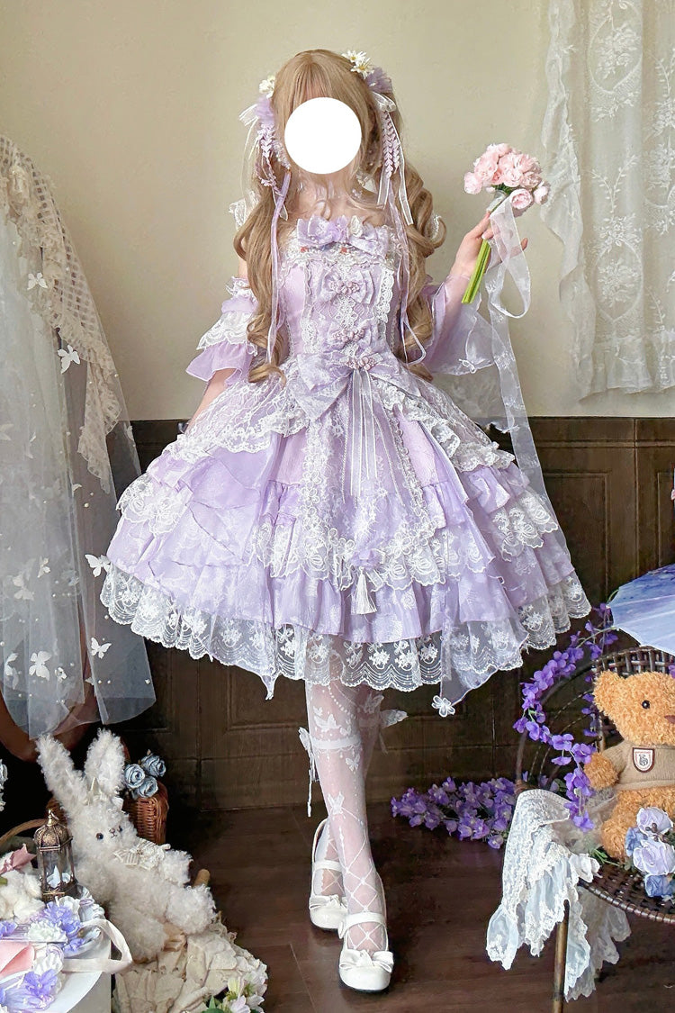 Purple [Spring Waters Reflecting Pear Blossoms] Ruffled Embroidered Open-Front Bow Lace Sweet Lolita Jsk Dress