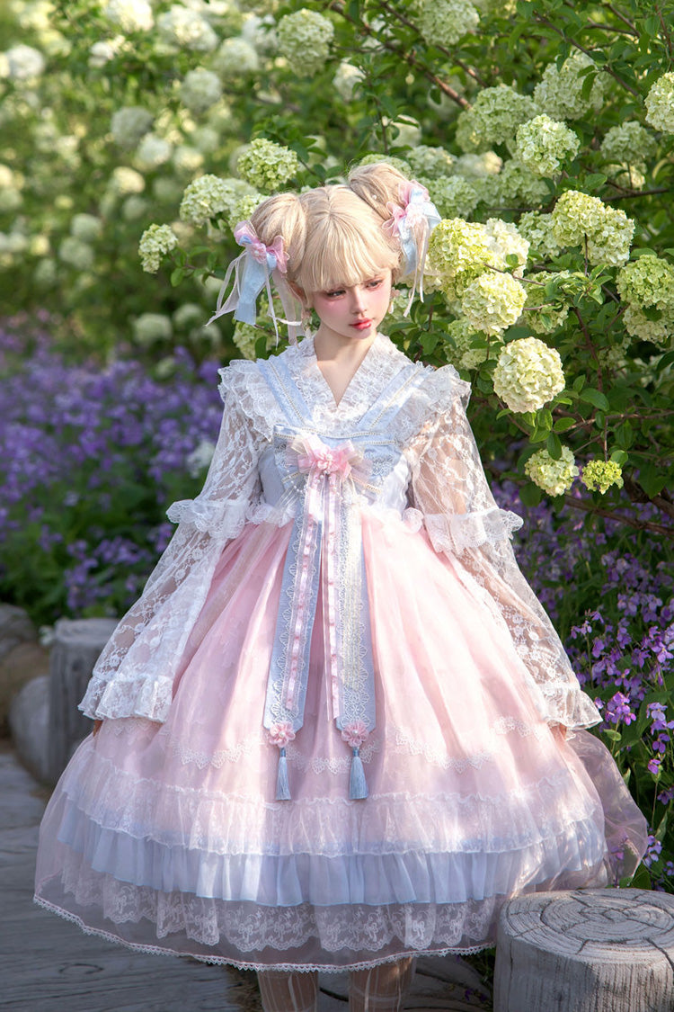 [Peach Blossoms in Spring Fields] Sleeveless Ruffle Bowknot Lace Sweet Chinese Style Lolita Jsk Dress 3 Colors