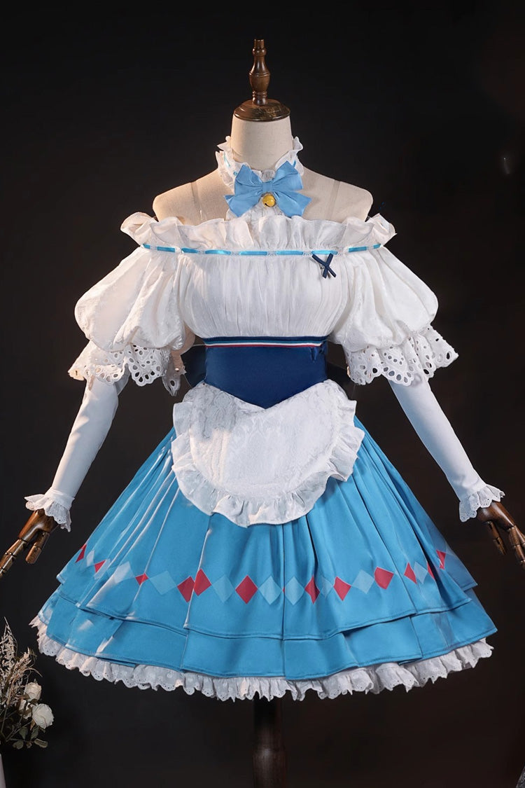 Blue/White [Arknights] Short Puff Sleeves Double-Layered Print Bowknot Lace Cosplay Classic Lolita Dress Set
