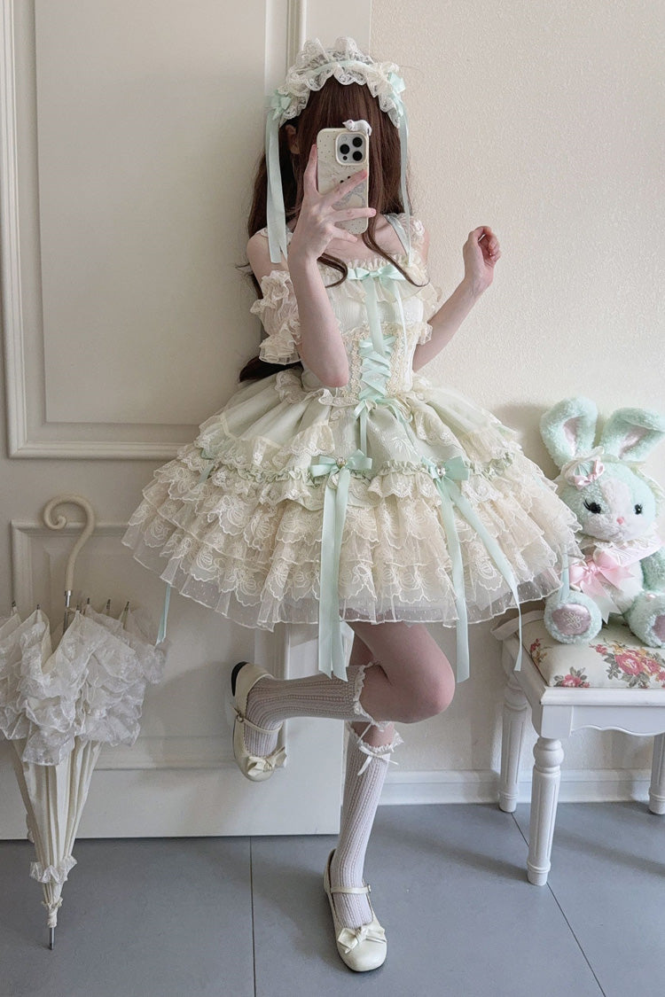 Green [Ribbon Heart Love] Sleeveless Multi-Layered Ruffle Bowknot Lace Lace-Up Sweet Princess Ballet Lolita Jsk Dress