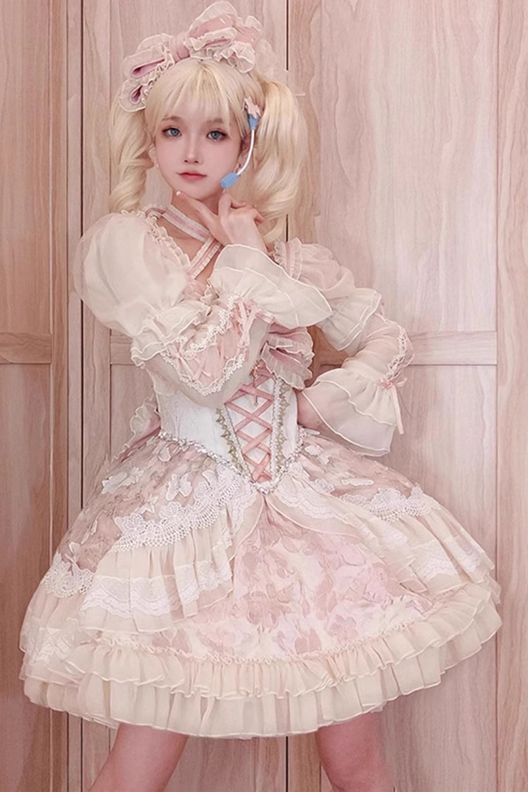 Pink [Lilibet] Print Ruffle Cardigan Bowknot Lace Fishbone Sweet Lolita Dress