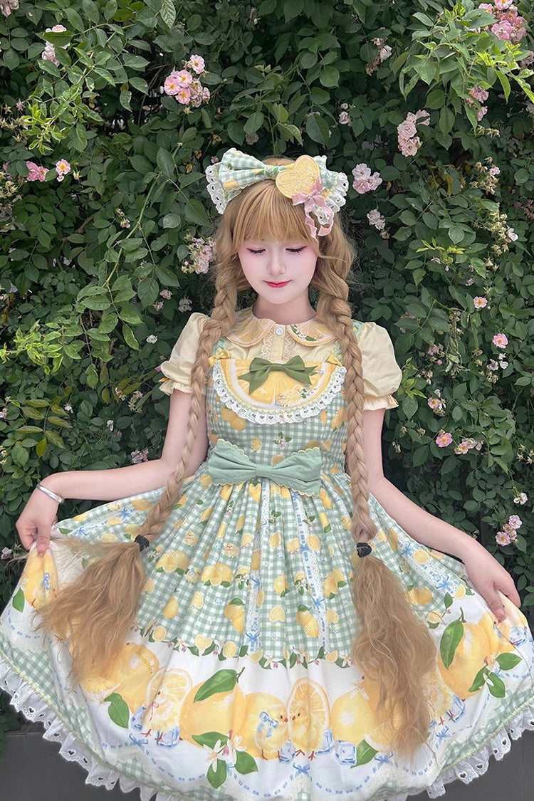 Green [Lemon Chicken] Print Ruffle Bowknot Lace Sweet Lolita Jsk Dress