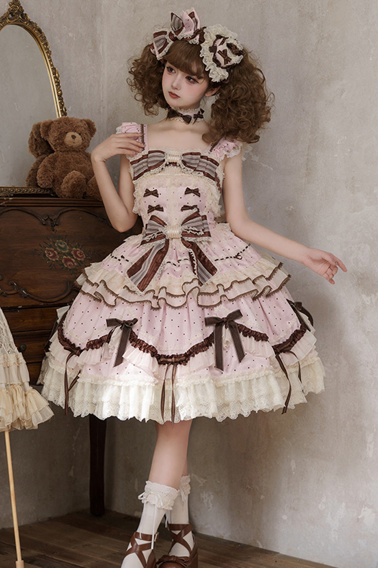 Pink [Shengqiao Tata] Sleeveless Print Ruffle Bowknot Lace-Up Sweet Elegant Lolita Jsk Dress