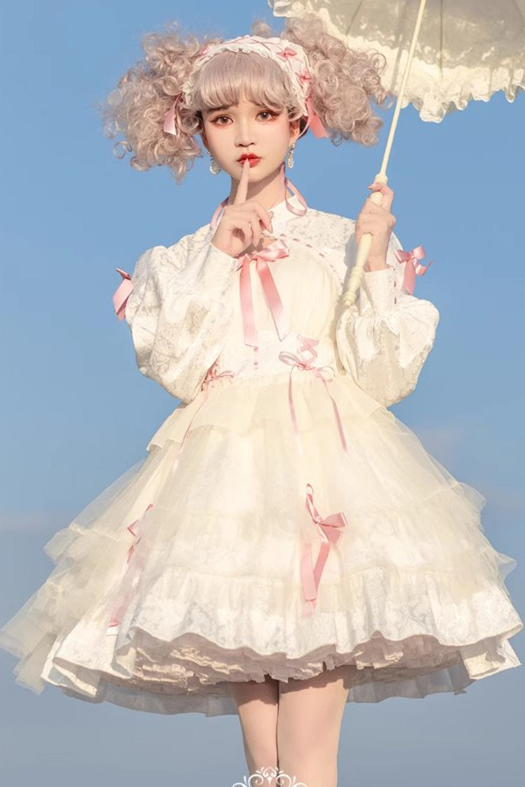 [Love Song] Long Sleeves Multi-Layered Jacquard Ruffle Bowknot Sweet Gothic Lolita Dress 3 Colors