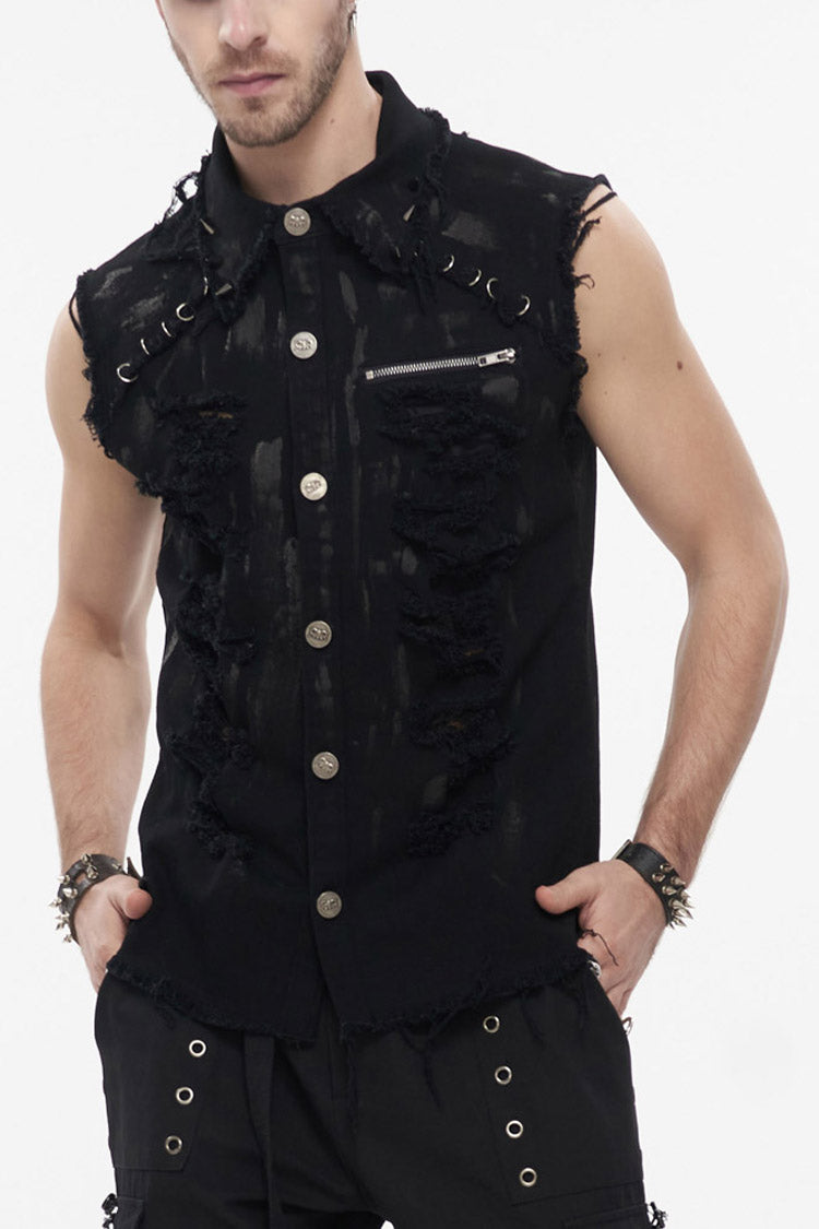 Black Punk Standing Collar Irregular Hand-Painted Sleeveless Metal Decoration Tattered Men's Shirt