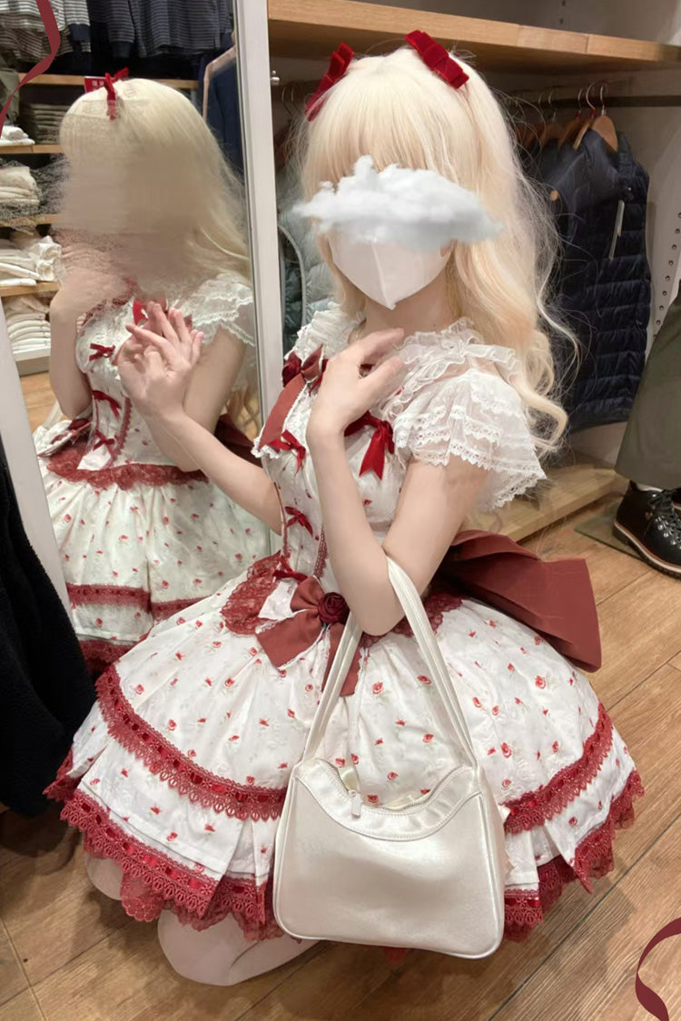 ワインレッド [ファーストラブローズ] 多層プリント フリル ボウノット レース スイートロリータ ジャンパースカート ドレスセット 