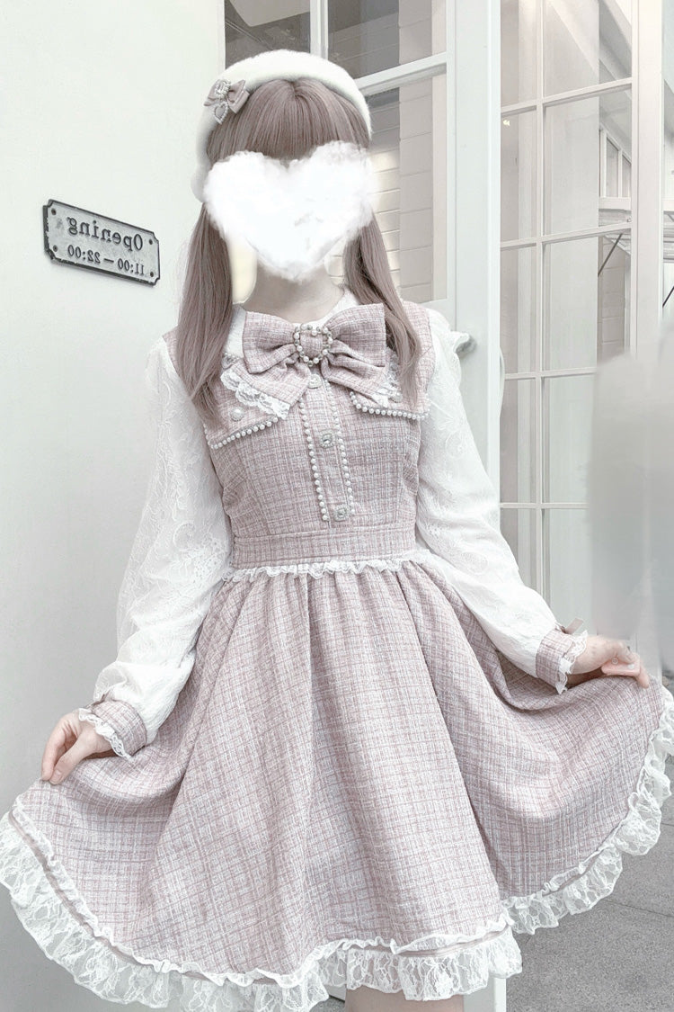 Grey/Pink Long Sleeves Bowknot Lace Pearl Sweet Jirai Kei Dress
