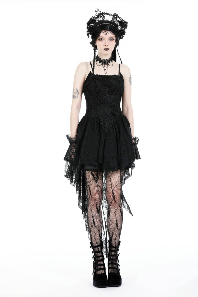 Robe de mariée gothique noire sans manches en dentelle Rose à lacets pour femmes, haute et basse, à queue d'aronde