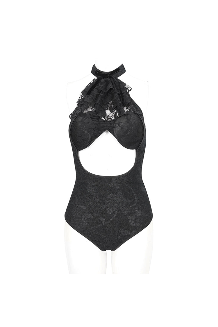Black Stretch Textured Print Butterfly Halterneck Lace Women's Gothic One Piece Swimsuit