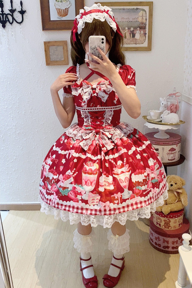 Red [Strawberry Parfait] Print Short Sleeves Ruffle Bowknot Lace Lace-Up Sweet Lolita Dress