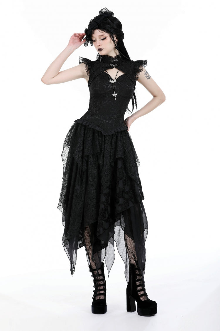Black Women's Gothic Punk Multi-Layered Irregular Handkerchief Hem Lace Skirt