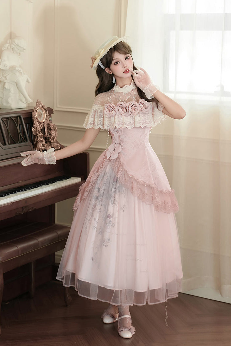 Ensemble de robe Lolita élégante et douce asymétrique en dentelle avec nœud de broderie à volants rose [Poèmes de Rose] 
