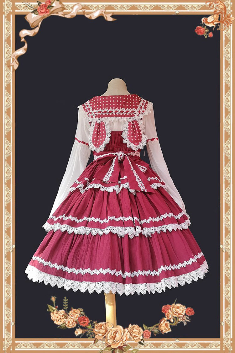Rot/weißes dreiteiliges ärmelloses Lolita-Stufenkleid mit Schleife