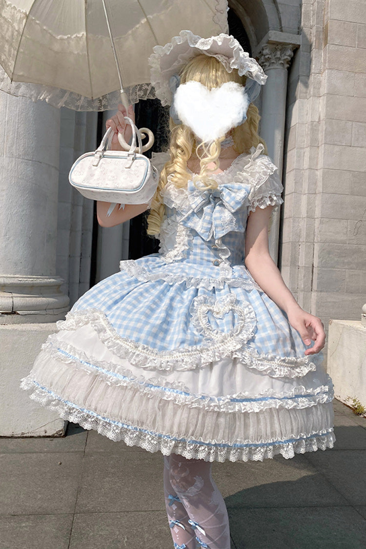 Blue [Tea Break Sweetheart] Short Sleeves Multi-Layered Plaid Print Ruffle Sweet Lolita Dress