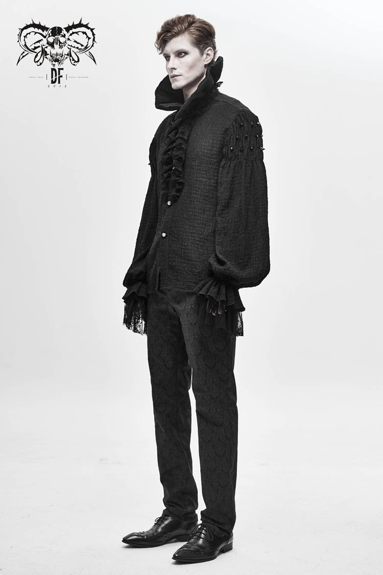 Black High Collar Chiffon Chest Frilly Beading Long Sleeve Lace Cuff Men's Gothic Shirt