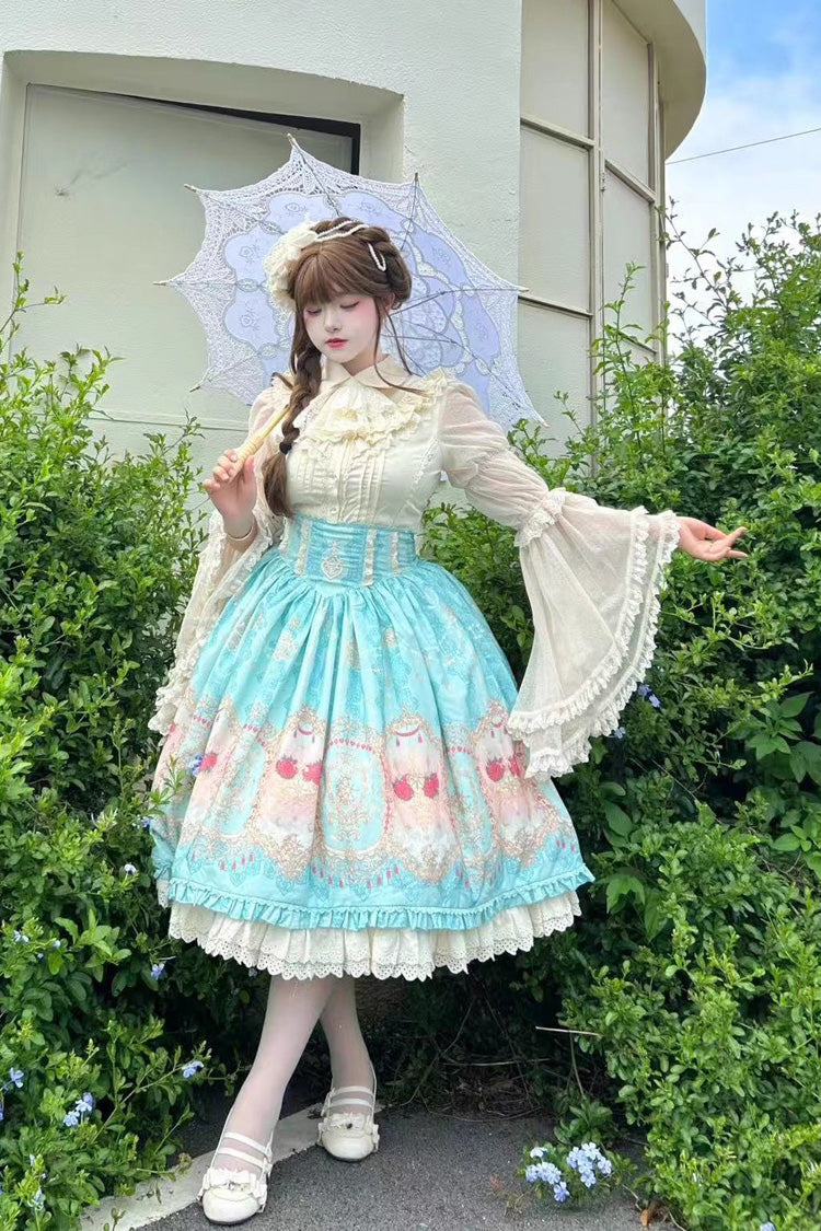 Blue [Moonlit Garden Secret] Print Ruffle Embroidery Lace Sweet Elegant Palace Lolita Skirt
