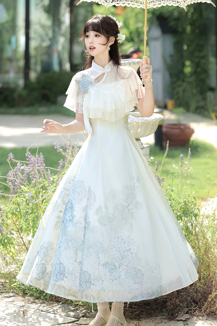 Robe Lolita élégante de style chinois doux avec manches courtes imprimées, volants en dentelle et message d'hortensia blanc 