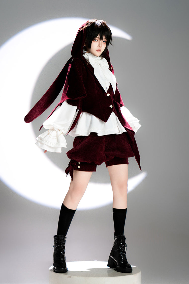 Rouge [Chasse au Lapin] Capuche à Oreilles de Lapin Doux Prince Charmant Ouji Manteau Lolita 
