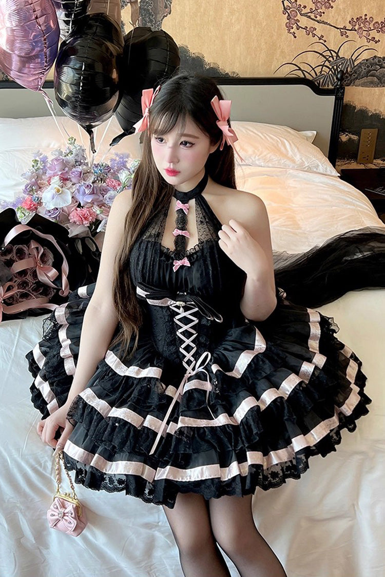 Black [Ballet Dream] Halterneck Triple-Layered Ruffle Bowknot Lace-Up Sweet Princess Lolita Dress