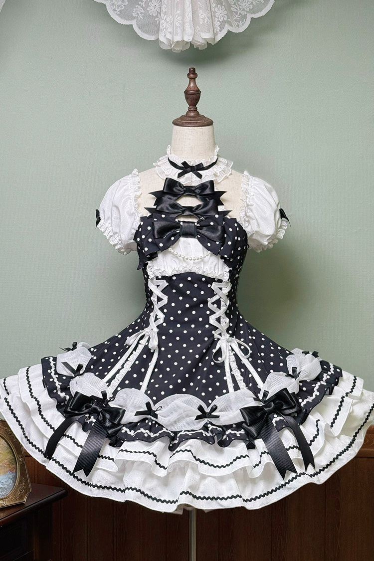 Schwarz/weißes Neckholder-Kleid mit kurzen Ärmeln, dreilagiges, gepunktetes, bedrucktes, süßes Lolita-Kleid zum Schnüren mit Schleife