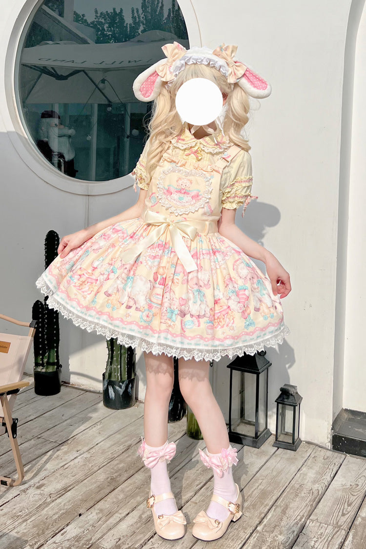 Süßes Lolita-Trägerkleid mit Schleife und Spitze im Schafspelz-Party-Print in Gelb
