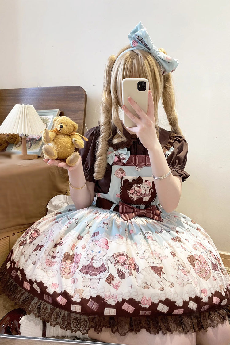 Chocolate Rosette Cat Print Bowknot Stitching Lace Sweet Lolita Jsk Dress 4 Colors