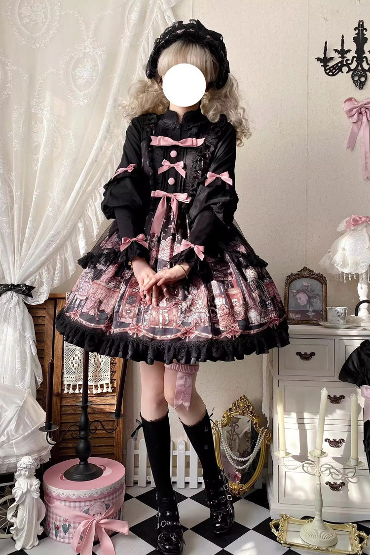 Black [The Case of the Missing Lamb] Print Ruffle Bowknot Lace Gothic Lolita Jsk Dress