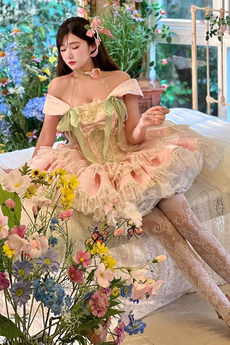 Robe Lolita Princesse Douce Romantique à Nœud Papillon en Dentelle à Lacets à Volants à Double Couche avec Encolure Bateau [Tulip Love Song] Rose 